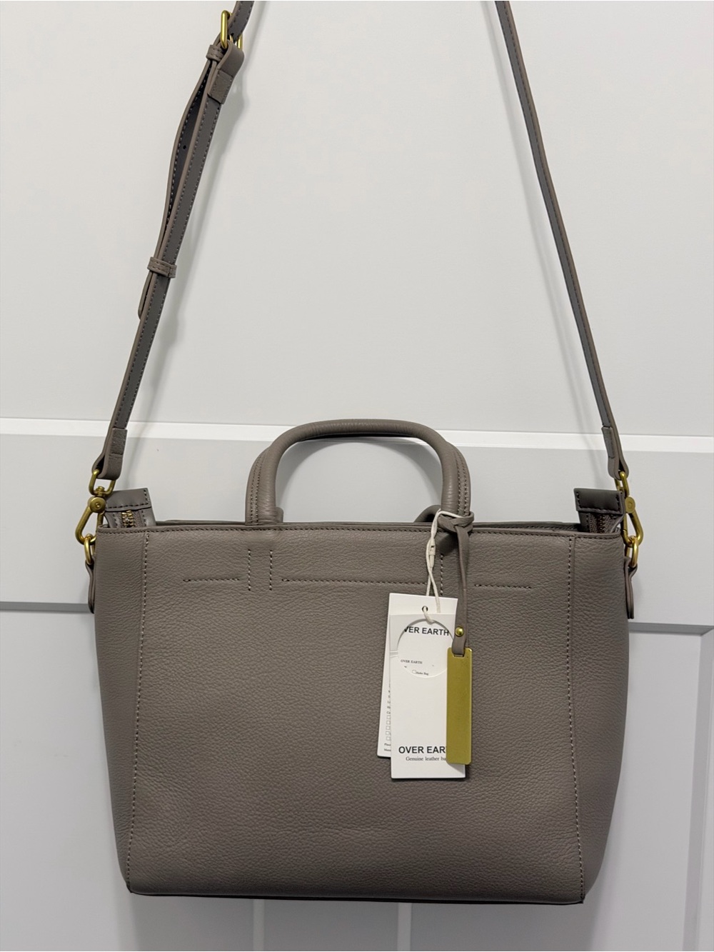 Over Earth Taupe Leather Top-Handle Crossbody Bag
